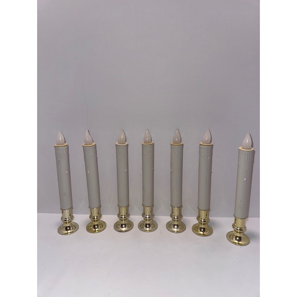 Set of 7 LED Window Candles Gold Base Battery Operated Flameless Taper 9 Inch